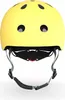 A yellow helmet with black vents and straps, shown from the front. Voir les images du produit