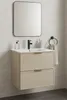 A modern bathroom vanity with a sink, faucet, mirror, and towel ring. Produktbild-Vorschau