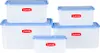 A set of five clear plastic food storage containers with blue lids, arranged in a group on a white background. Náhled obrázku produktu