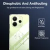A clear phone case with water droplets on it, showcasing its oleophobic and antifouling properties, with accompanying text and icons. Produktbild-Vorschau