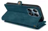 A teal-colored wallet-style phone case is shown from a side-angle, with the phone inserted and the wallet flap open. Produktbild-Vorschau