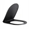 A black toilet seat is shown against a white background. The seat is open, revealing the underside and hinges. Produktbild-Vorschau