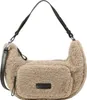 A fluffy taupe crossbody bag with black leather accents and strap, shown against a white background. Produktbild-Vorschau