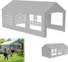 A large, gray party tent with arched windows is shown from a slightly elevated angle. A smaller inset image shows the tent set up outdoors with a person taking a photo and a dog nearby. Produktbild-Vorschau