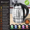 A KESSER® glass kettle with a tea infuser, displayed with feature callouts and temperature indicators. Produktbild-Vorschau