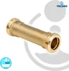 A brass pipe fitting is shown against a white and light gray background with circular graphic elements. Produktbild-Vorschau
