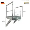 A galvanized steel platform staircase with railings, shown from a slightly elevated side angle against a white background. Dimensions are indicated with text overlays. Produktbild-Vorschau