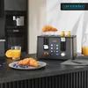 A toaster is shown on a kitchen counter with croissants and orange juice. Produktbild-Vorschau