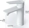 A white bathroom faucet with measurement lines and text indicating dimensions. Produktbild-Vorschau