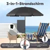 A beach scene with a sun umbrella, chair, and table, illustrating different ways to use the umbrella. Produktbild-Vorschau