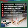 A person is using a Bosch drill to assemble a wooden structure, with a list of product features overlaid on the image. Produktbild-Vorschau