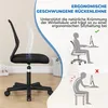 A black office chair is shown with diagrams illustrating ergonomic posture. Podgląd zdjęcia produktu