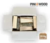 A box of firewood is shown from a top-down perspective, with the box open and the firewood neatly stacked inside. A logo and weight information are visible. Produktbild-Vorschau