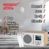 A Ferguson Regent i200s internet radio is shown on a wooden table, with a remote control in the foreground. Text overlays list various audio presets. Produktbild-Vorschau