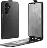 A black flip case for a smartphone is shown, with the phone inside and the front cover open. Produktbild-Vorschau