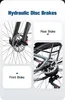 Close-up images of bicycle hydraulic disc brakes, with labels indicating front and rear brakes. Produktbild-Vorschau