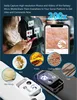 A marketing image showing a smartphone microscope and examples of what can be viewed with it. Produktbild-Vorschau