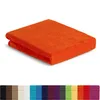 A folded orange fitted sheet is displayed on a white background. Below the sheet, a row of fitted sheets in various colors is shown. Produktbild-Vorschau