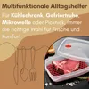A product image featuring a food storage container with raw meat inside, accompanied by text describing its multi-functional uses. Produktbild-Vorschau