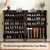 A shoe cabinet with multiple shelves filled with shoes and boots, placed in a room setting with a lamp and flowers. Náhľad obrázku produktu