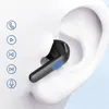 A close-up illustration of a black wireless earbud inserted into a stylized white ear, with icons representing phone, play, previous, next, and microphone functions displayed to the left. Produktbild-Vorschau