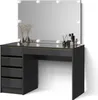 A black vanity table with a large mirror and LED lights, decorated with vases and perfume bottles. Produktbild-Vorschau