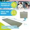 A collage showing a folded mattress, a mattress unfolded with dimensions indicated, and a family with a dog in a car. Produktbild-Vorschau