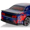 The rear view of a blue and red remote-controlled drift car with racing decals and a spoiler. Produktbild-Vorschau