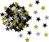 A pile of star-shaped confetti in gold, silver, and black colors, scattered on a white background. Produktbild-Vorschau