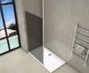 A modern bathroom with a walk-in shower, a towel rack, and a large window overlooking a tropical scene. Produktbild-Vorschau