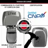 A collage of images showing a combination lockbox, its certification, a warranty badge, and a hammer attempting to break it. Produktbild-Vorschau