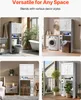 Collage of four images showing a white over-the-toilet storage cabinet in different room settings: bathroom, laundry room, bedroom, and balcony. Voir les images du produit