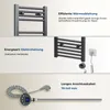 Collage of images showing a heated towel rack and its components, with descriptive text. Voir les images du produit