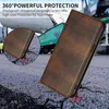 A brown leather phone case is shown on a cracked asphalt surface, with a large green truck in the background. Produktbild-Vorschau