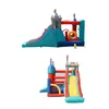 Two views of an inflatable castle-themed bounce house with slides. Náhled obrázku produktu