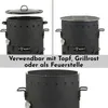 A collage of three images showing a black outdoor cooking pot/stove in different configurations, with text overlay. Produktbild-Vorschau