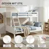 A white bunk bed in a child's room, with decorative elements and text overlays highlighting features. Náhľad obrázku produktu