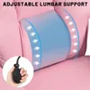Close-up of a pink office chair's lumbar support area, showing an inflation bulb and arrows indicating adjustable support. Podgląd zdjęcia produktu