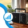 A portable radio is placed on a wooden table in front of a window with greenery visible outside. Voir les images du produit
