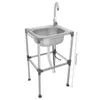 A freestanding stainless steel sink with a faucet on a white background. Podgląd zdjęcia produktu