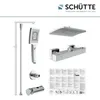 A collection of bathroom fixtures including a showerhead, shower arm, thermostat, and instructions. Produktbild-Vorschau