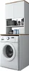 A white washing machine with a cabinet unit above it, containing shelves with towels and toiletries. Voir les images du produit