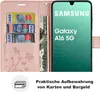 A pink wallet-style phone case with cards and money inserted, next to a Samsung Galaxy A16 5G phone. Produktbild-Vorschau