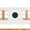 A close-up view of a white bunk bed frame with wooden supports and a black circle detail. Náhled obrázku produktu