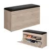 A shoe cabinet with a seat on top, shown from two different angles. Produktbild-Vorschau