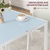 A close-up view of a light blue glass tabletop on a white metal frame table, with a cup of coffee and a vase of flowers on it. The image highlights product features. Anteprima dell’immagine prodotto