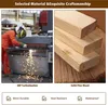A split image showing a worker performing carbonization on the left and stacked wooden planks on the right, with feature callouts at the bottom. Produktbild-Vorschau