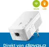 A white devolo WiFi 5 Repeater 1200 is shown plugged into a wall socket, with marketing icons and text. Produktbild-Vorschau