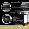 A gas grill with various features highlighted by text overlays and inset images. Produktbild-Vorschau