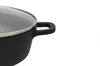 A close-up view of a black pot with a glass lid and a black handle. Produktbild-Vorschau